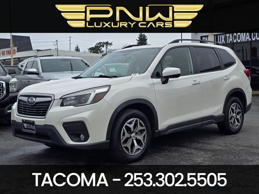 2021 Subaru Forester Premium in Crystal White Pearl — front three-quarter view